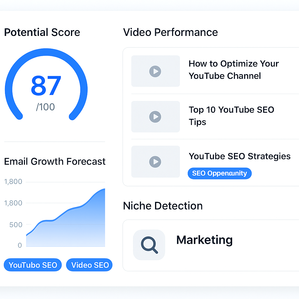 Tableau de bord d'analyse de chaîne YouTube avec score de potentiel